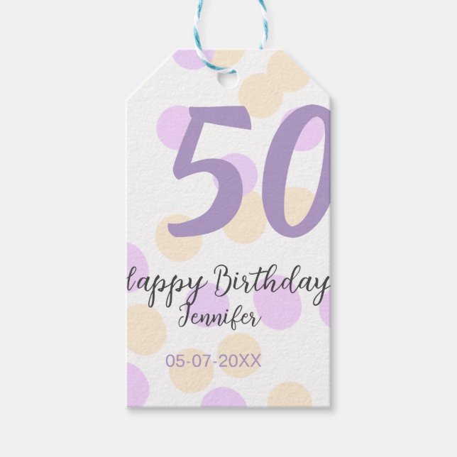 50th birthday add name date purple orange polkadot presentetikett (Framsidan)