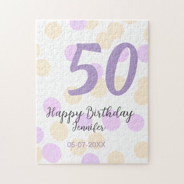 50th birthday add name date purple orange polkadot pussel (Vertikal)