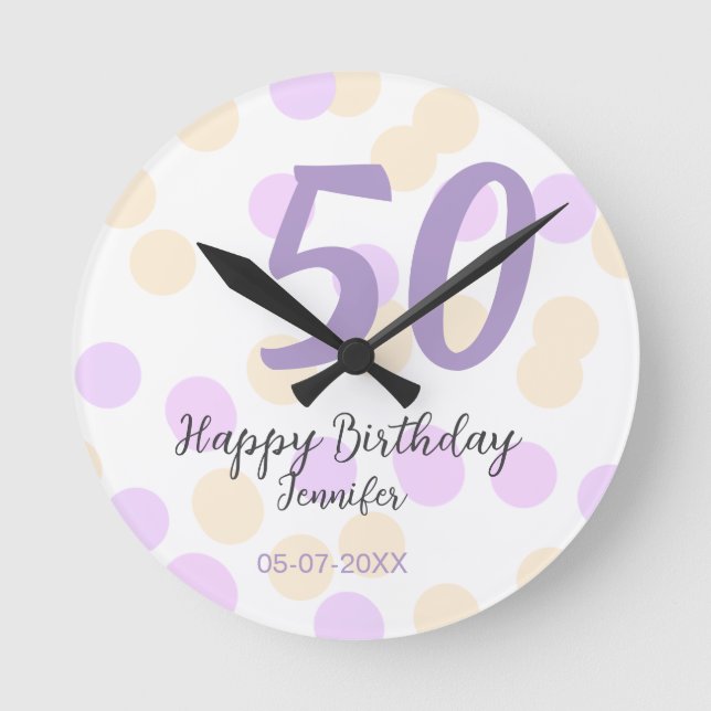 50th birthday add name date purple orange polkadot rund klocka (Framsida)