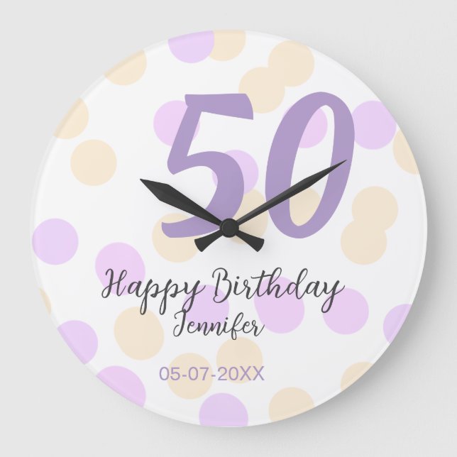 50th birthday add name date purple orange polkadot stor klocka (Framsida)