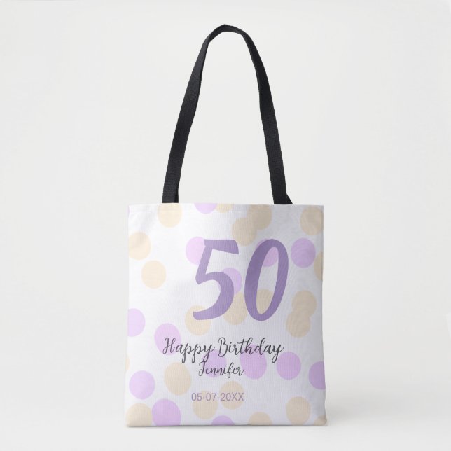 50th birthday add name date purple orange polkadot tygkasse (Framsida)