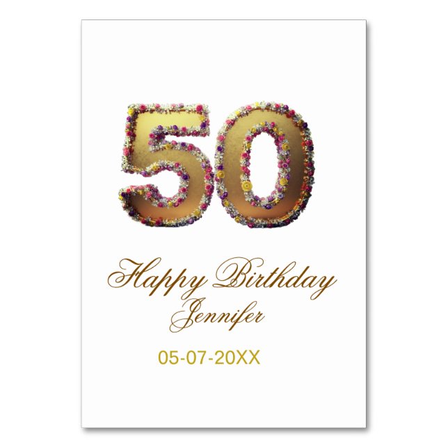 50th birthday add name date year gold floral bold  bordsnummer (Framsidan)