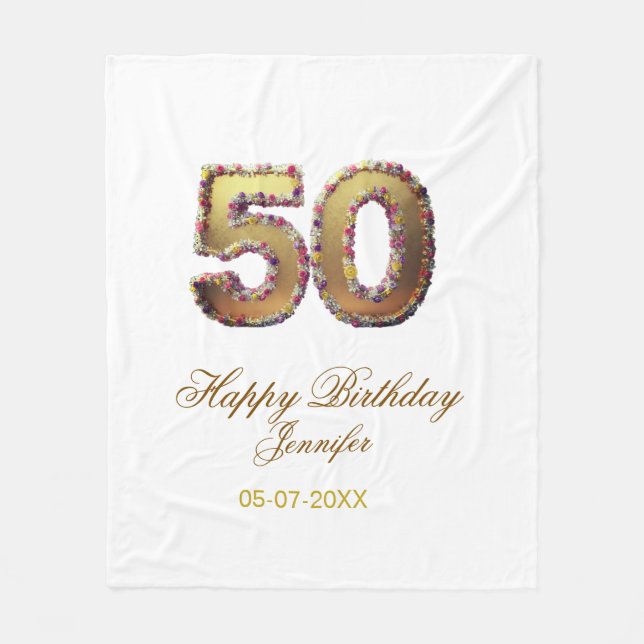 50th birthday add name date year gold floral bold  fleecefilt (Framsidan)