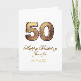 50th birthday add name date year gold floral bold  kort