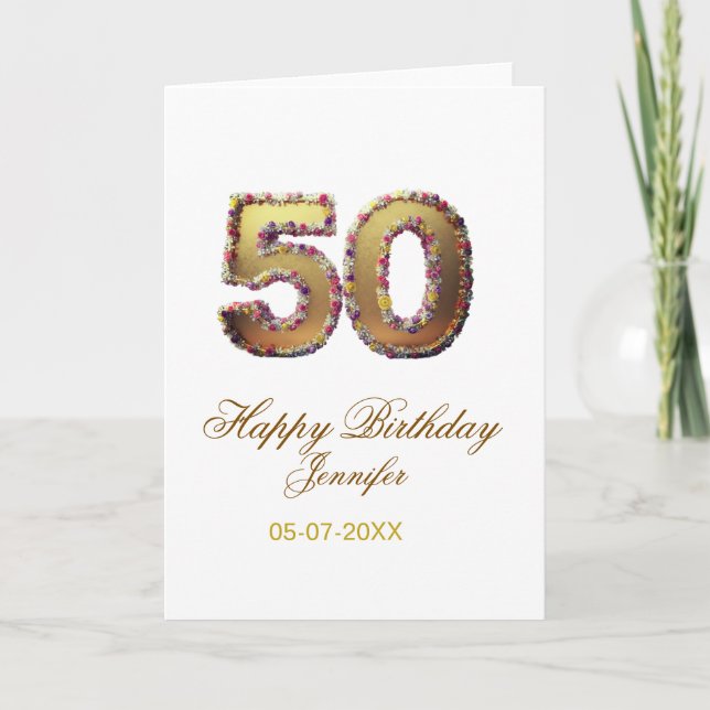 50th birthday add name date year gold floral bold  kort (Framsida)