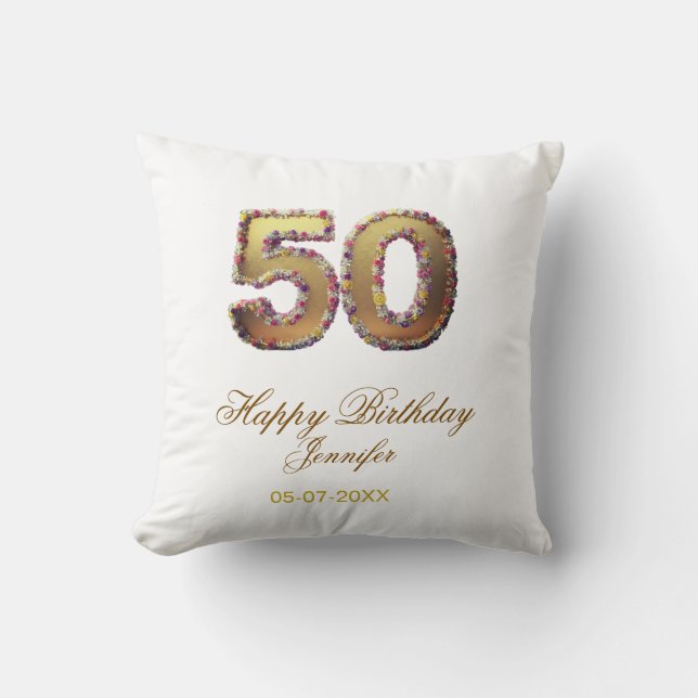 50th birthday add name date year gold floral bold  kudde (Framsida)