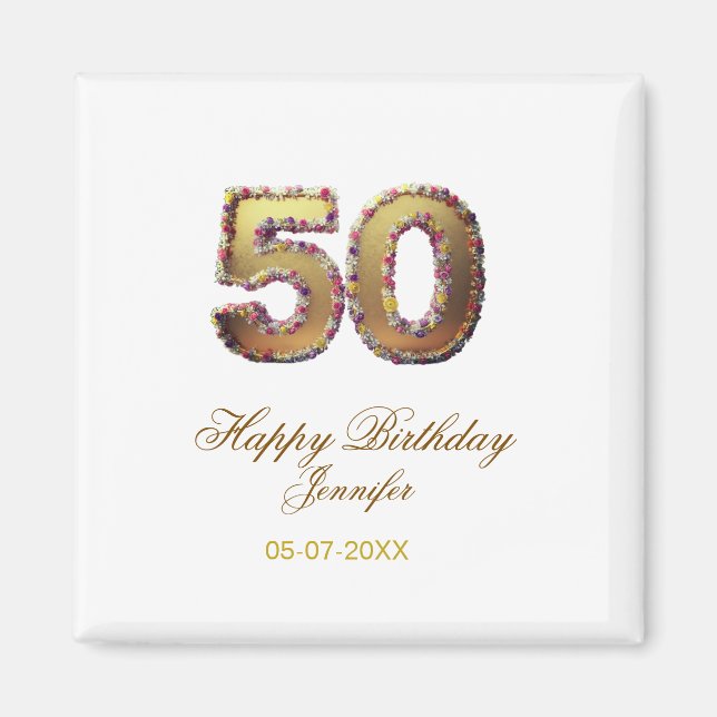 50th birthday add name date year gold floral bold  magnet (Framsidan)
