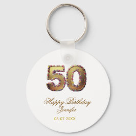 50th birthday add name date year gold floral bold  nyckelring