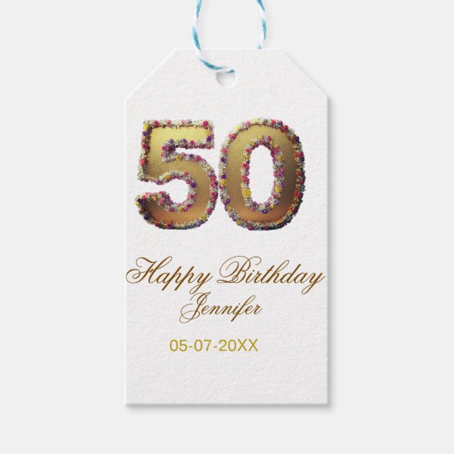 50th birthday add name date year gold floral bold  presentetikett (Framsidan)