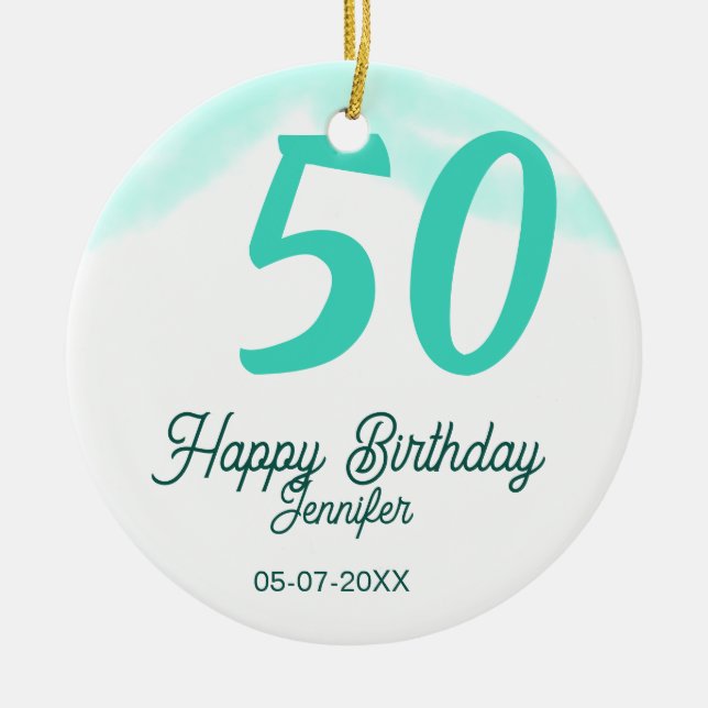50th birthday add name date year green pastel bold julgransprydnad keramik (Framsidan)