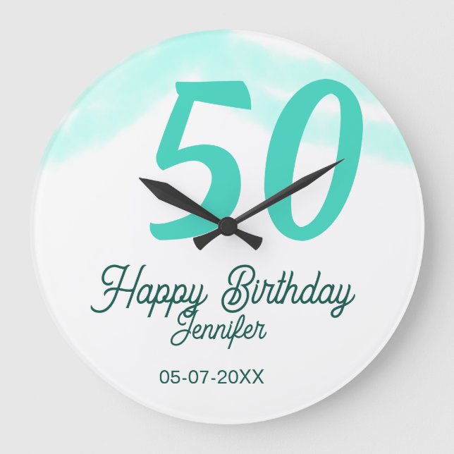 50th birthday add name date year green pastel bold stor klocka (Framsida)