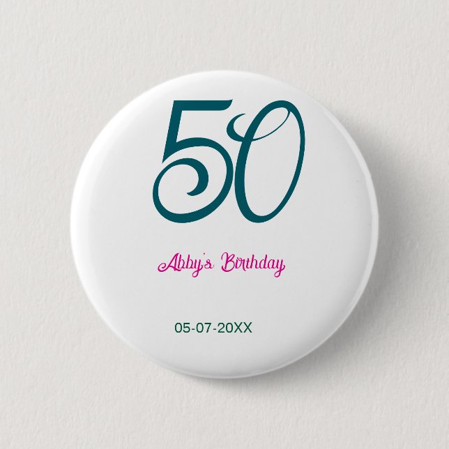 50th birthday add name year turquoise pink bold knapp (Framsida)