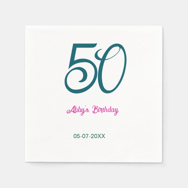 50th birthday add name year turquoise pink bold pappersservett (Framsidan)