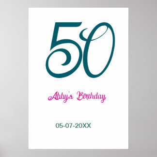 50th birthday add name year turquoise pink bold poster