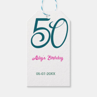50th birthday add name year turquoise pink bold presentetikett