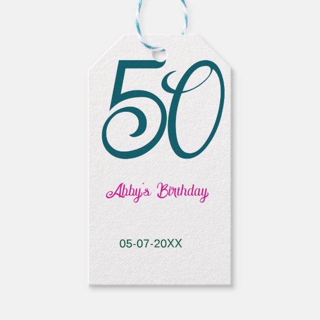 50th birthday add name year turquoise pink bold presentetikett (Framsidan)