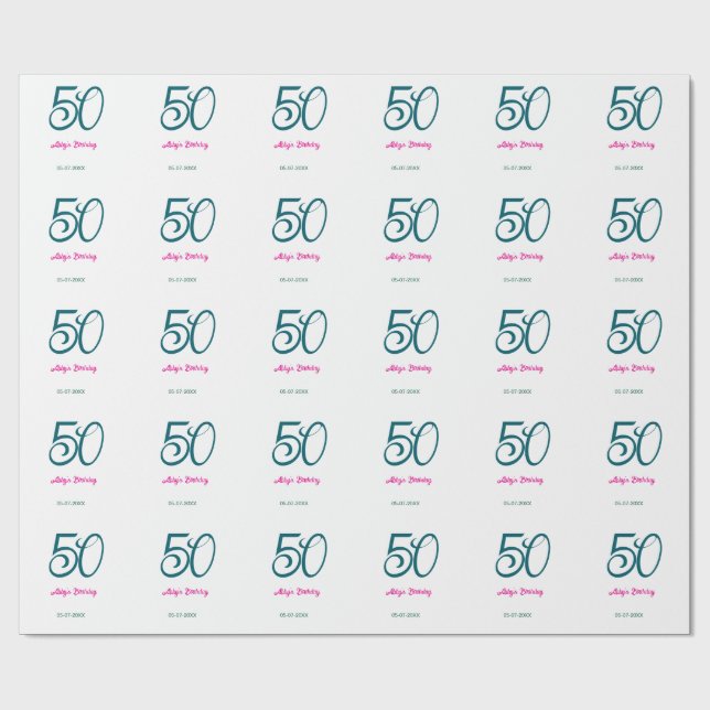 50th birthday add name year turquoise pink bold presentpapper (Platt)