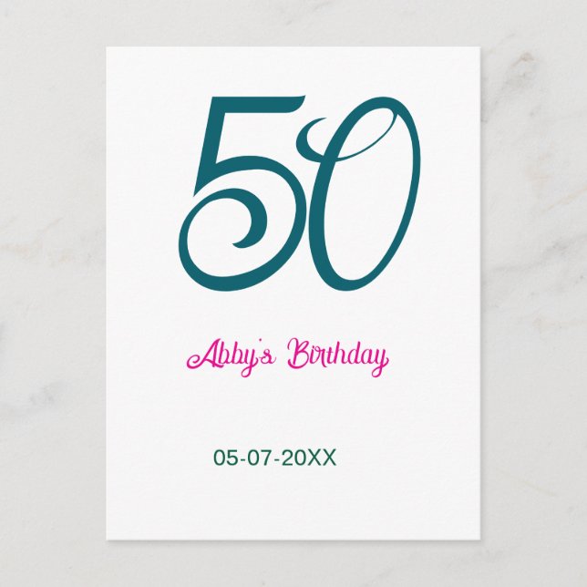 50th birthday add name year turquoise pink bold vykort (Framsida)