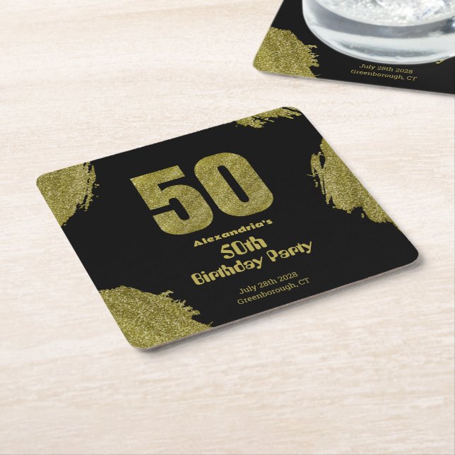50th birthday black gold glitter party underlägg papper kvadrat (Vinklad)