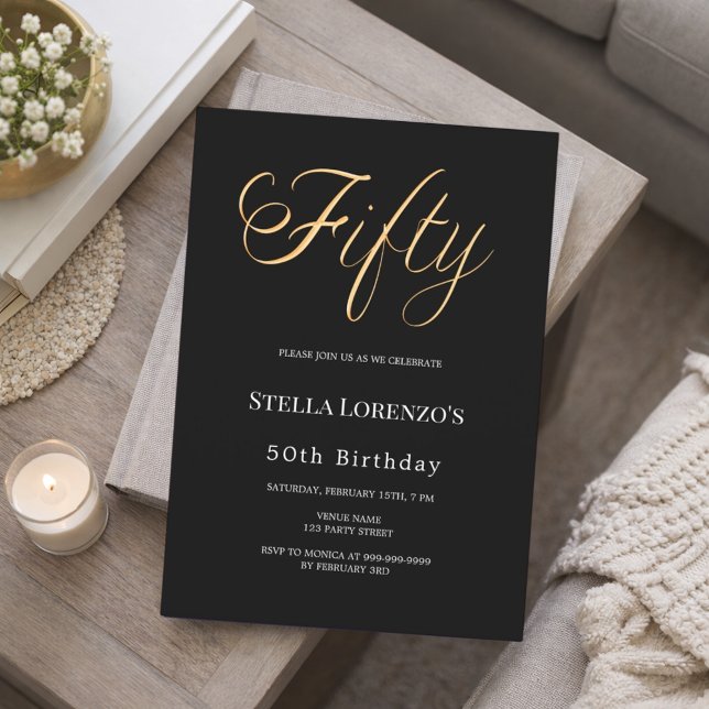 50th birthday black gold script typography inbjudningar (Skapare uppladdad)