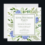 50th Birthday Blue Hydrangeas Card Request  Inbjudningar<br><div class="desc">This blue hydrangea 50th birthday card request invitation is whimsical and stunning! With its watercolor multi-hued blue hydrangeas, wispy natural greenery it is perfect for celebrating your loved one. The back has a beautifully worded fully customizable card request and a lovely coordinating blue hydrangeas bouquet. By selecting Personalize this template...</div>