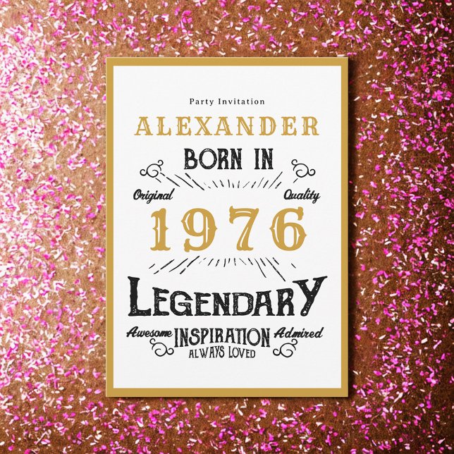 50th Birthday Born 1976 White Gold Legend Inbjudningar (Born 1976 birthday invitation.)