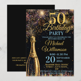 50th Birthday Bubbly Fireworks Gold Blue Inbjudningar