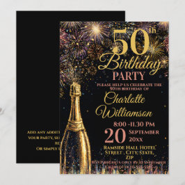 50th Birthday Bubbly Fireworks Gold Pink Inbjudningar