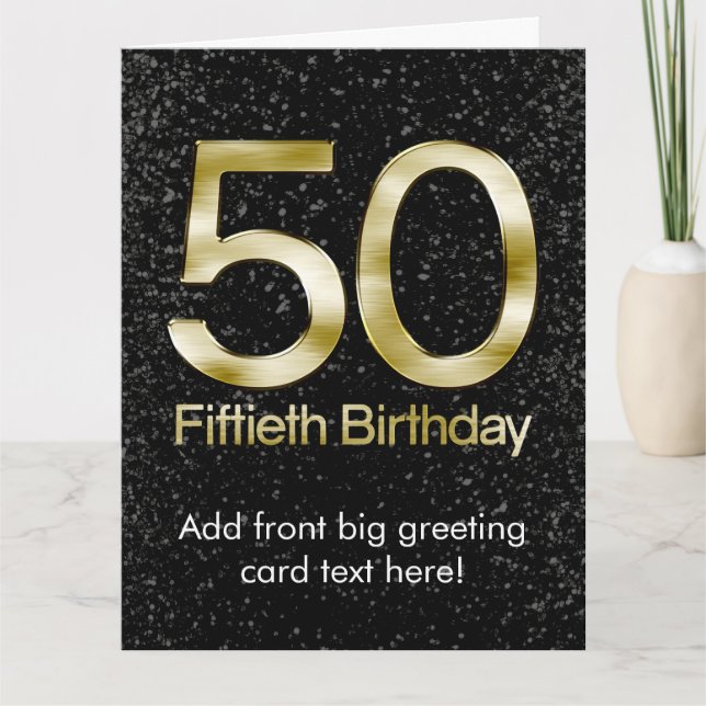 50th Birthday, Elegant Black Gold Glam Kort (Framsida)