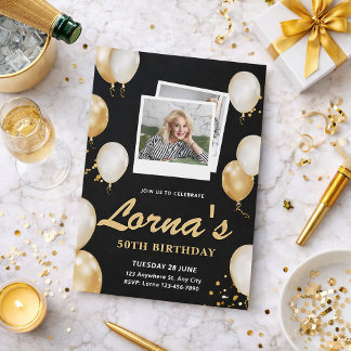 50th Birthday Elegant Black & Gold Photo Collage Inbjudningar