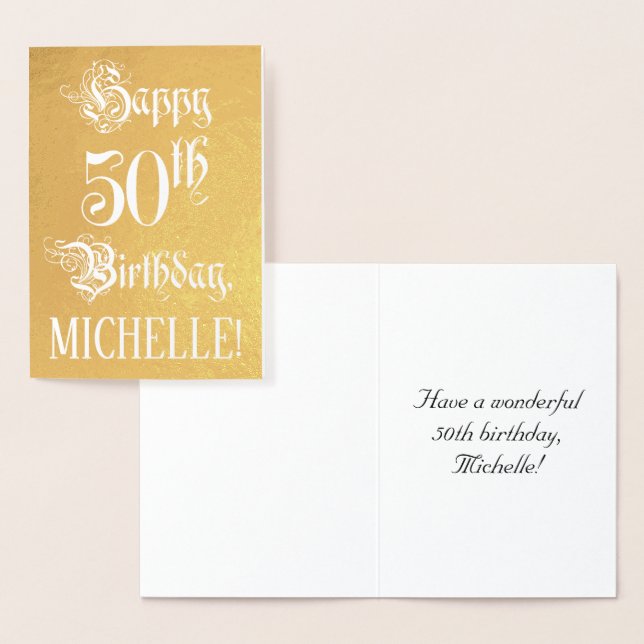 50th Birthday: Elegant, Ornate Script; Custom Name Folierat Kort (Display)