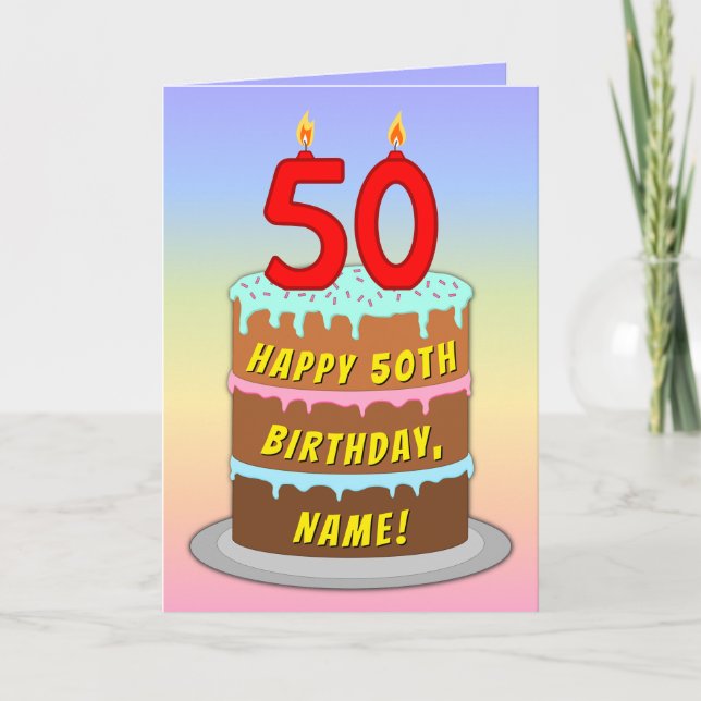 50th Birthday — Fun Cake & Candles, w/ Custom Name Kort (Framsida)