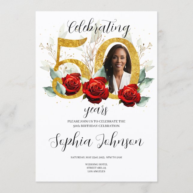 50th Birthday Invitation Photo Red Roses  (Framsida)