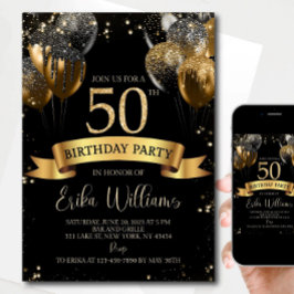 50th Birthday Invitation Template: Black Gold Ball Inbjudningar