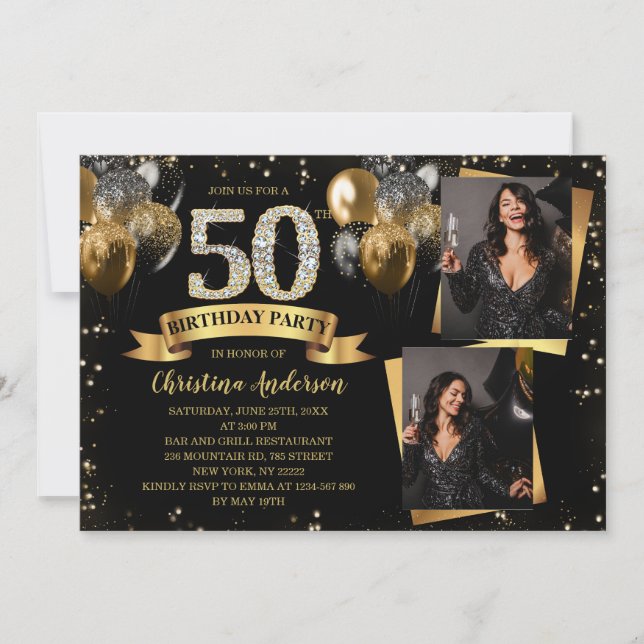 50th Birthday Modern Gold Glitter Balloons 2 Photo Inbjudningar (Framsida)