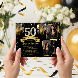 50th Birthday Modern Gold Glitter Balloons 2 Photo Inbjudningar