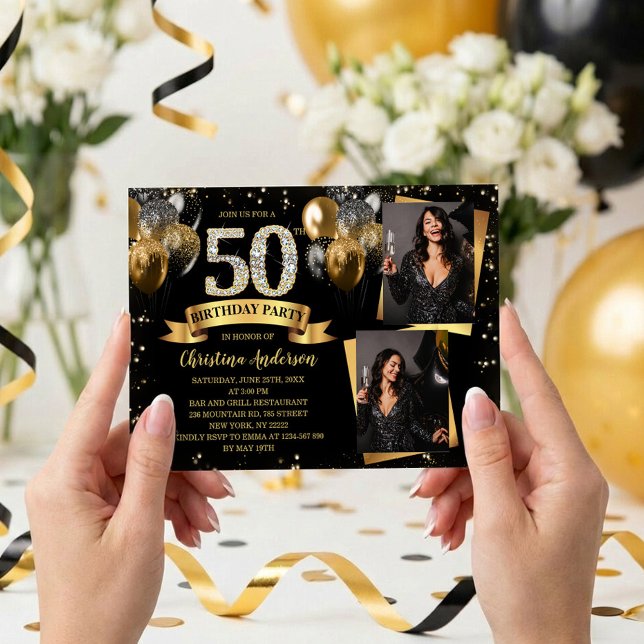 50th Birthday Modern Gold Glitter Balloons 2 Photo Inbjudningar (Glam black and gold 50th birthday invite with diamond 50, balloons, confetti and two custom photos)