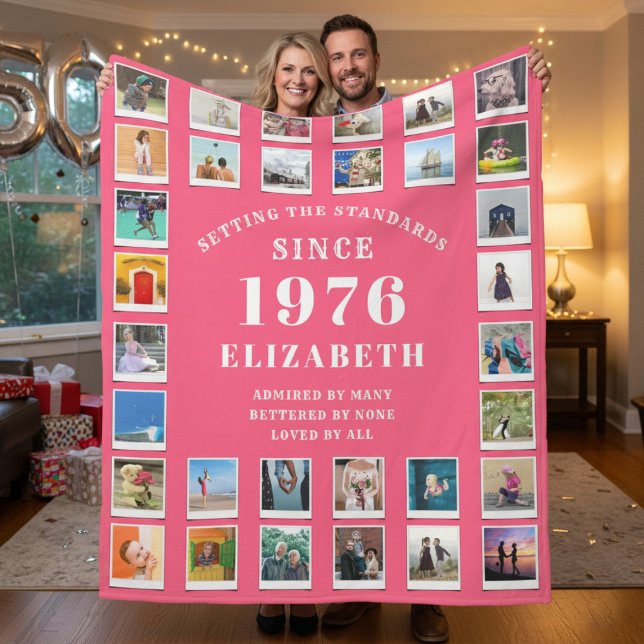 50th Birthday Mother Family Photo collage Pink Fleecefilt (Born 1976 pink fleece blanket held up by a couple.)
