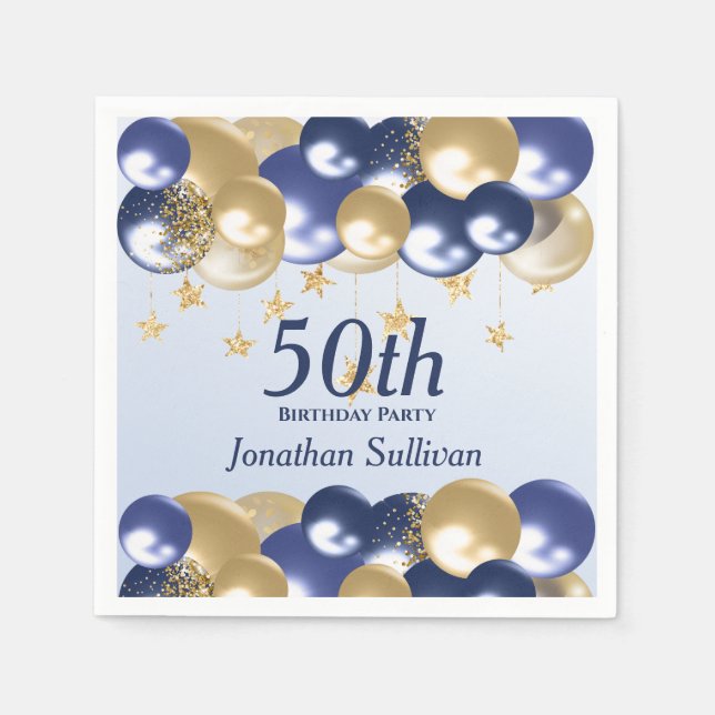 50th Birthday Navy Gold Balloons Party Pappersservett (Framsidan)