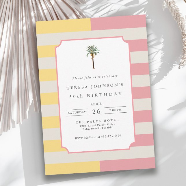 50th Birthday Palm Beach Pastel Stripe Tropical Inbjudningar (Available in both printed and instant download digital formats.)