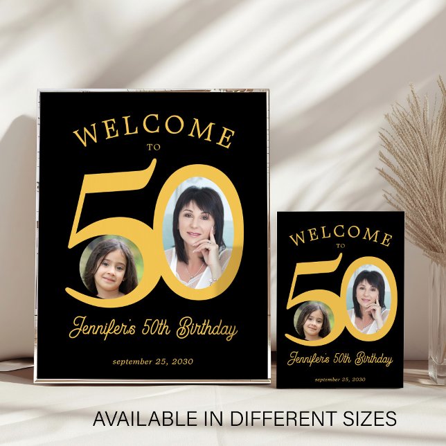 50th birthday party 2 photo black gold welcome poster (Skapare uppladdad)