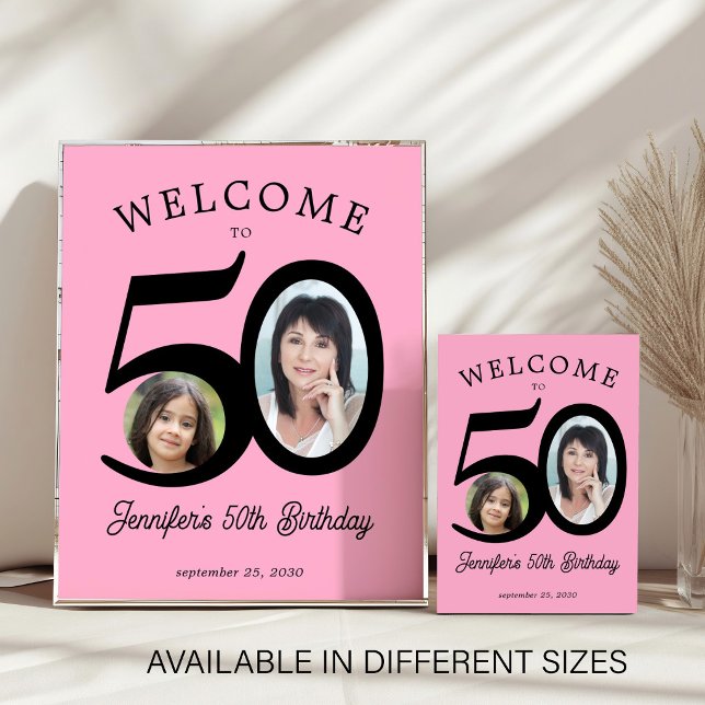 50th birthday party 2 photo black pink welcome poster (Skapare uppladdad)