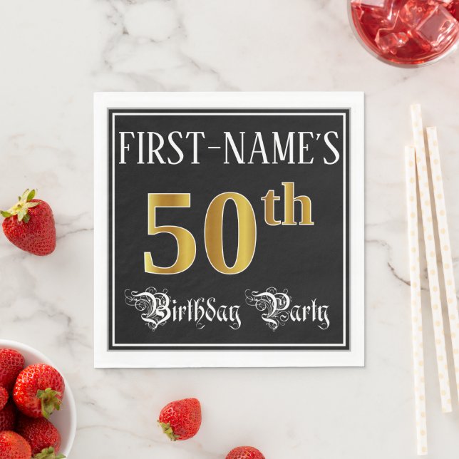 50th Birthday Party — Fancy Script, Faux Gold Look Pappersservett (Insitu)