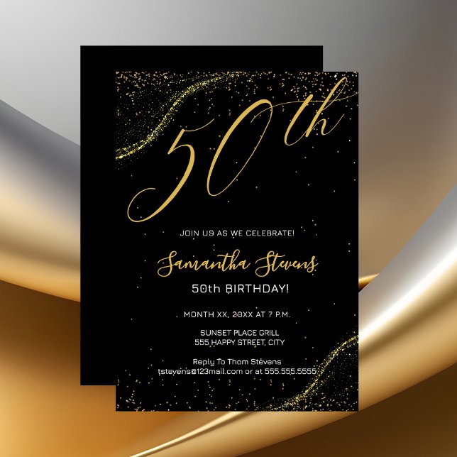 50th Birthday Party Gold and Black Inbjudningar (Gold 50th Birthday Party Invitation on Black)