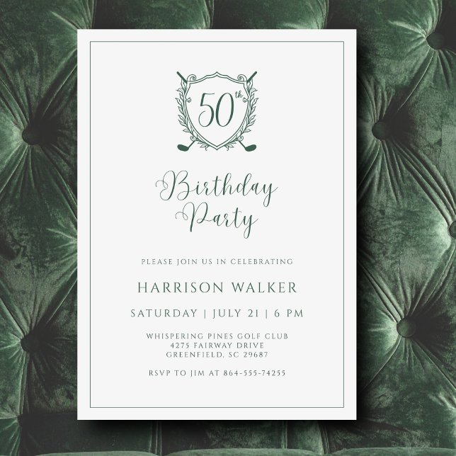 50th Birthday Party Golf Crest Elegant Script  Inbjudningar (Clean crest design with a modern golf twist. Easy to personalize in minutes.)