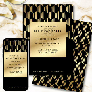 50th Birthday Party Modern Black and Gold Foil Inbjudningar