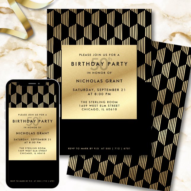 50th Birthday Party Modern Black and Gold Foil Inbjudningar (Skapare uppladdad)