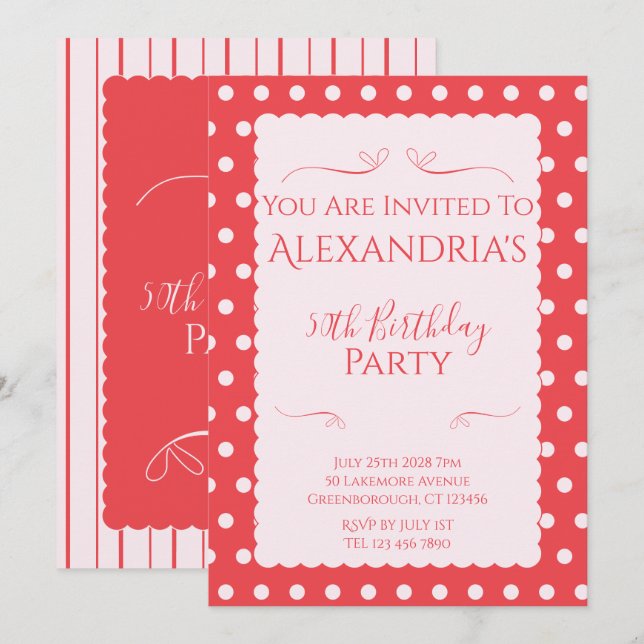50th Birthday Party Pink Red Modern Invitation Inbjudningar (Fram/baksida)