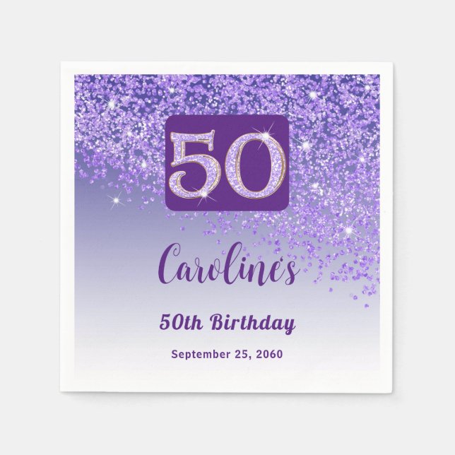 50th Birthday Party Sparkling Purple Glitter Pappersservett (Framsidan)