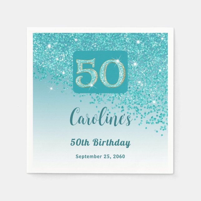 50th Birthday Party Sparkling Teal Blue Glitter Pappersservett (Framsidan)